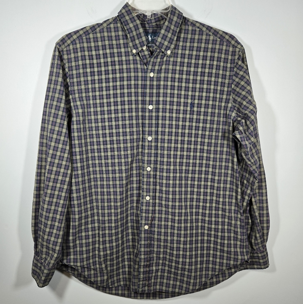 Ralph Lauren Men’s Green Navy Plaid‎ Button Up Long Sleeve Shirt Size Large